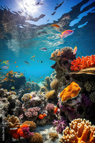 Underwater coral reef bustling with marine life ideal for educational content tourism and environmental conservation