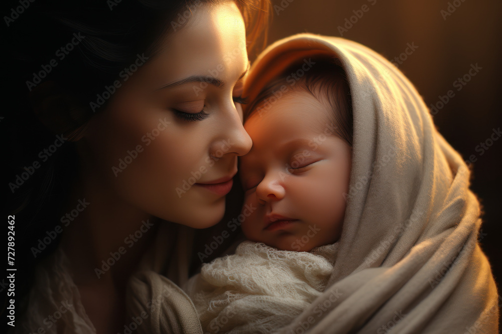 A mother cradling her newborn baby, bathed in soft light against a gentle backdrop, portraying the tenderness and warmth of maternal love. Concept of nurturing parenthood. Generative Ai. A mother cradling her newborn baby, bathed in soft light against a gentle backdrop, portraying the tenderness and warmth of maternal love. Concept of nurturing parenthood. Generative Ai.