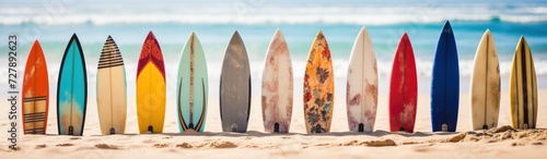 Surfboards on the beach at sunset. Surfboards on the beach. Vacation Concept with Copy Space. Surfboards on the beach. Panoramic banner. vacation concept. 