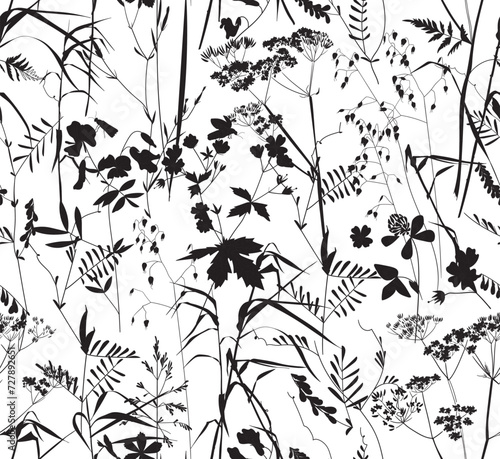 Seamless pattern. Field flowers and grasses, line drawing. Vector illustration	