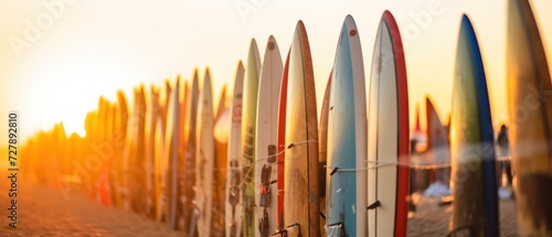 Surfboards on the beach at sunset. Surfboards on the beach. Vacation Concept with Copy Space. Surfboards on the beach. Panoramic banner. vacation concept. 