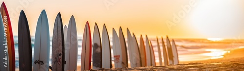 Surfboards on the beach at sunset. Surfboards on the beach. Vacation Concept with Copy Space. Surfboards on the beach. Panoramic banner. vacation concept. 