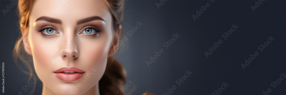 Fototapeta premium Beautiful face of young caucasian girl with natural make-up, perfect skin and blue eyes isolated. Studio portrait. Portrait of beautiful young brunette woman with smooth skin isolated on dark