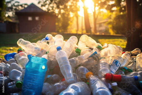 Plastic bottles in a waste bin outside of house. AI Generative