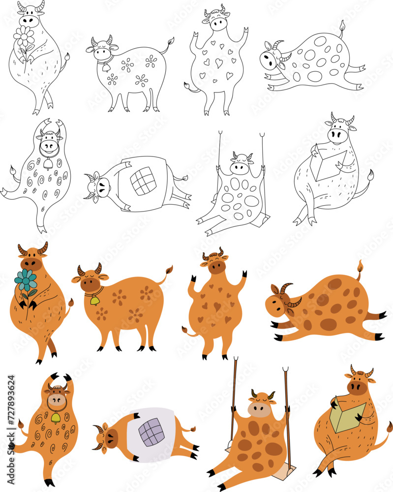 Set of cute doodle cartoon cows on white background. Animal illustration collection. Set of cute doodle cartoon cows on white background. Animal illustration collection.