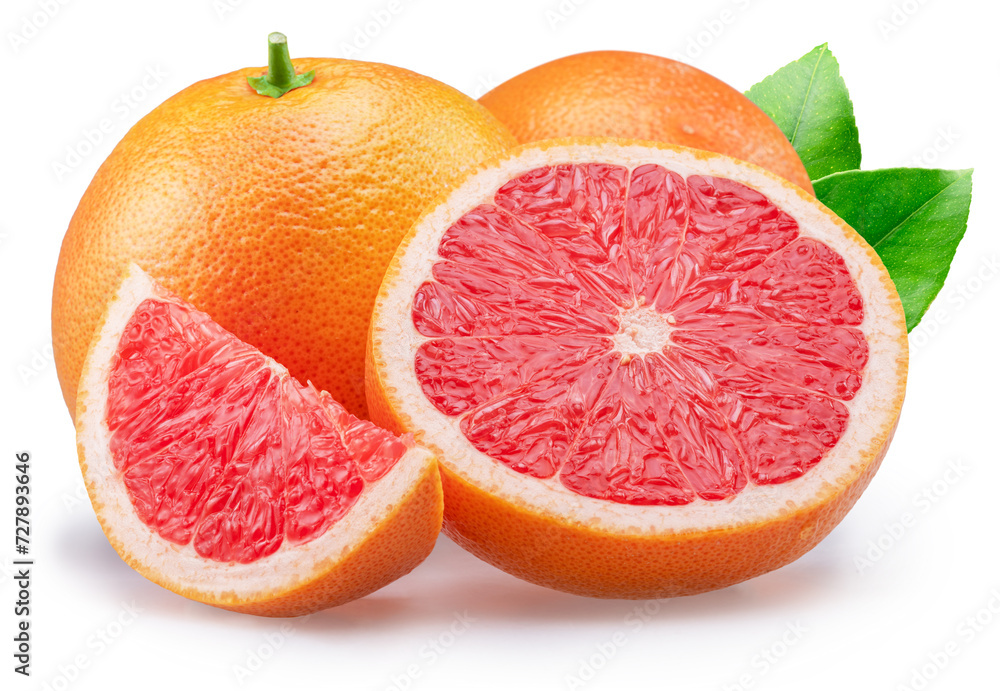RRed grapefruits and grapefruit slices on white background. File contains clipping path. RRed grapefruits and grapefruit slices on white background. File contains clipping path.