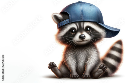 A small, cute raccoon in a cap. Space for text. photo