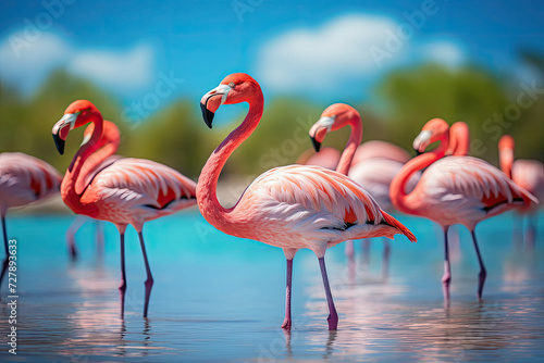 Flock of pink flamingos wading in shallow Caribbean waters creating a vibe of tropical wildlife grace serenity and natural elegance suitable for wildlife conservation themes