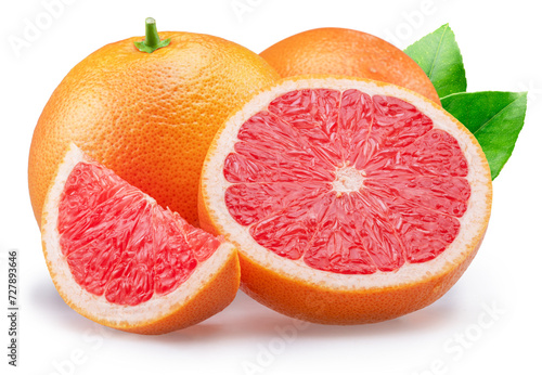 RRed grapefruits and grapefruit slices on white background. File contains clipping path.