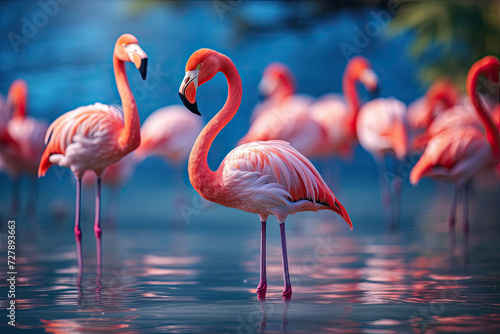 Group of elegant pink flamingos wading in tranquil waters  exuding calm and grace  ideal for wildlife and nature themes