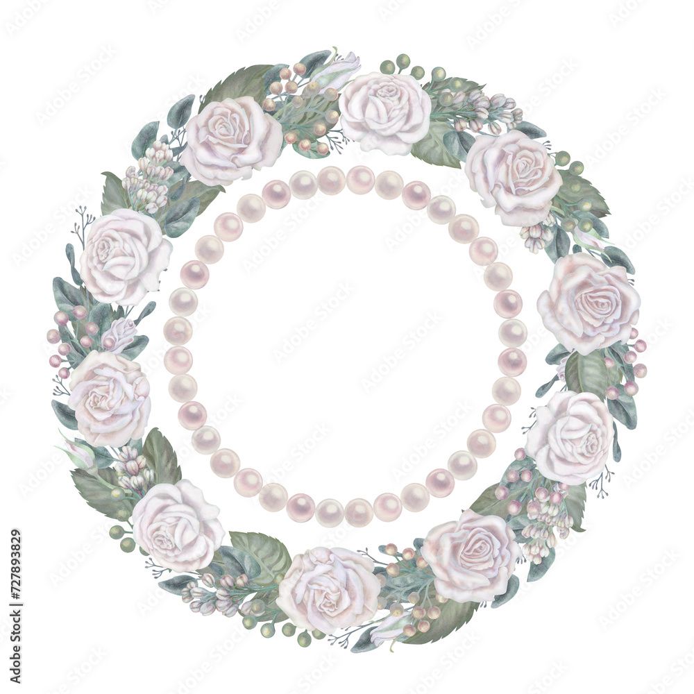 Watercolor wreath of white roses, green leaves, lilac, eucalyptus in pastel palette in vintage style for wedding, Women's Day, Valentine's Day for template, clipart, wallpaper, scrapbooking, bouquet Watercolor wreath of white roses, green leaves, lilac, eucalyptus in pastel palette in vintage style for wedding, Women's Day, Valentine's Day for template, clipart, wallpaper, scrapbooking, bouquet