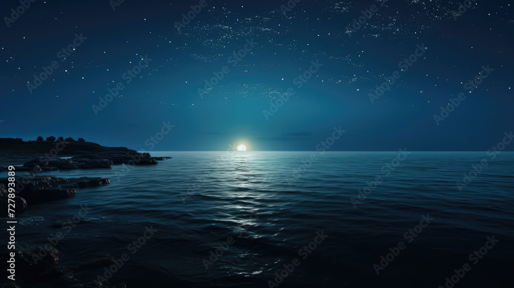 Peaceful night landscape with stars and moonlight reflecting on calm sea ideal for relaxation and nature themes