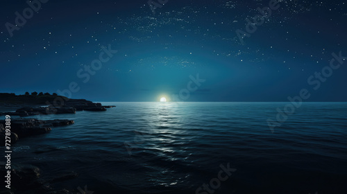 Peaceful night landscape with stars and moonlight reflecting on calm sea ideal for relaxation and nature themes © Made360