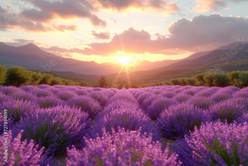 A peaceful stroll through the lavender fields, where fragrant blooms stretch to the horizon, creating a sensory feast. Concept of aromatic landscapes. Generative Ai.