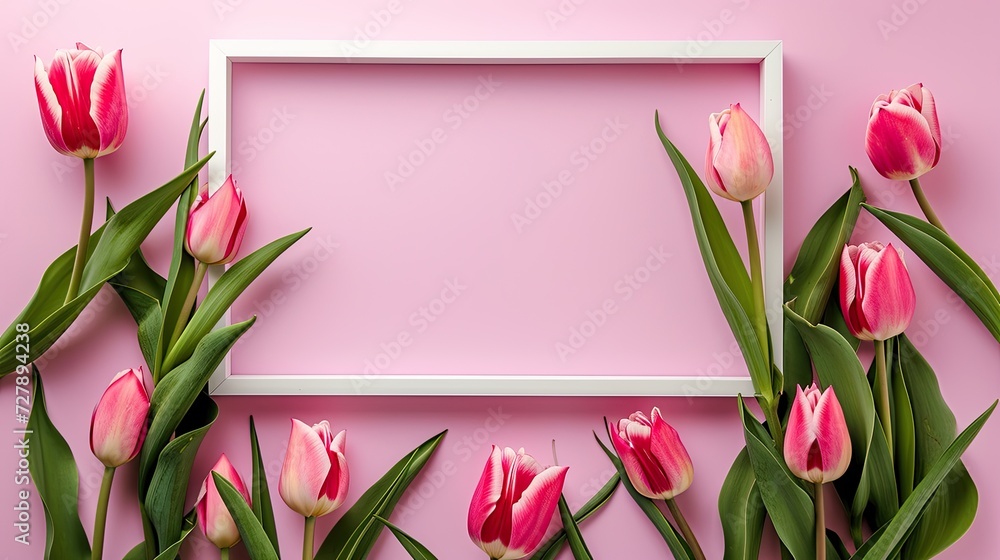 An empty photo frame adorned with charming pink tulips, offering a delightful space for memories and text. An empty photo frame adorned with charming pink tulips, offering a delightful space for memories and text.
