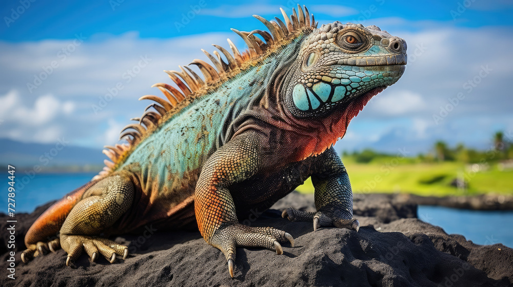 Obraz premium Colorful iguana basking in the sun with vivid green orange scales and spiked back suggesting wildlife tourism travel and education themes