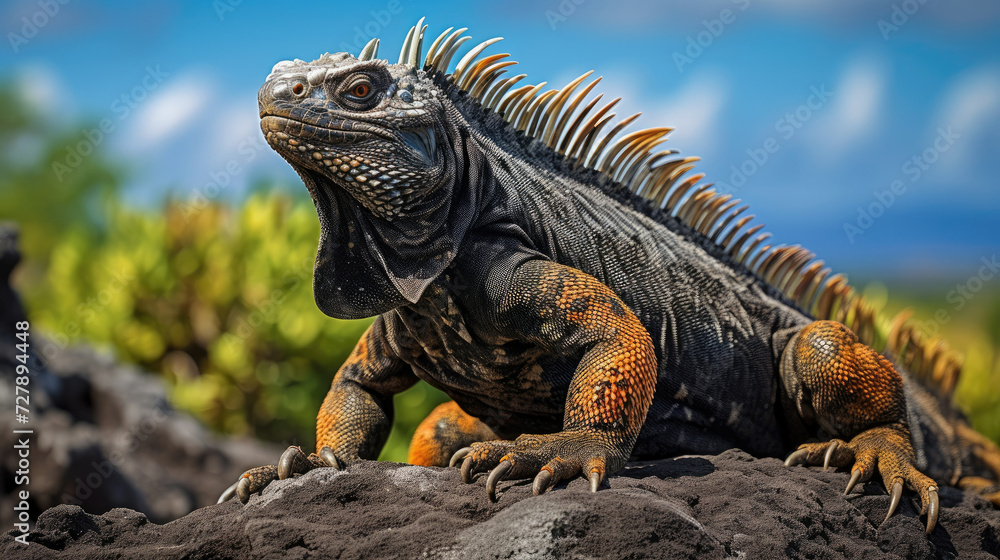 Fototapeta premium Iguana basking in the sun ideal for wildlife and conservation themes showing powerful gaze and vibrant tropical environment