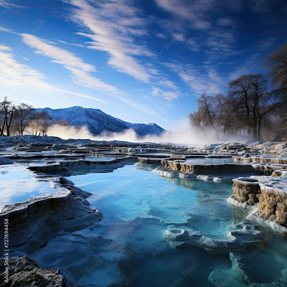Serene winter landscape with hot springs for tourism and relaxation featuring mountains trees mist and vibrant colors