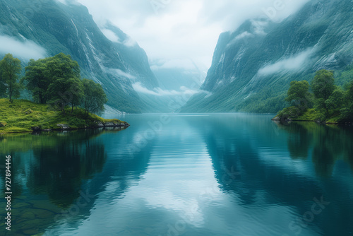 A quiet evening by the fjords, where serene waters mirror the surrounding mountains, creating a picturesque and calming vista. Concept of fjord serenity. Generative Ai.