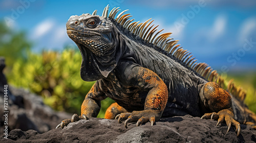 Iguana basking in the sun ideal for wildlife and conservation themes showing powerful gaze and vibrant tropical environment