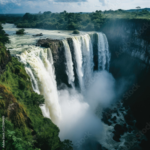 Majestic waterfall with dramatic mist and lush greenery in a serene natural landscape ideal for tourism and eco-tourism