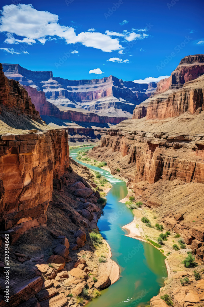 Scenic view of Grand Canyon with vast cliffs and winding river perfect for tourism and nature exploration in Arizona