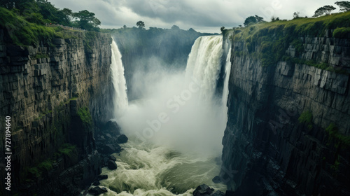 Majestic waterfall with towering cliffs and mist capturing the beauty and power of nature ideal for travel and tourism promotions