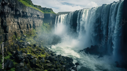 Majestic Waterfall with Misty Basalt Cliffs Ideal for Nature Tourism and Dramatic Landscape Enthusiasts