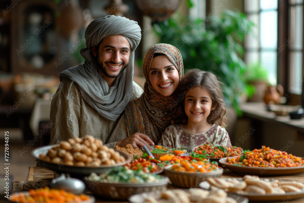 A family sitting down for a simple yet heartfelt Iftar meal at home, with a spread of traditional dishes and a strong sense of gratitude. Concept of intimate family moments. Generative Ai. A family sitting down for a simple yet heartfelt Iftar meal at home, with a spread of traditional dishes and a strong sense of gratitude. Concept of intimate family moments. Generative Ai.