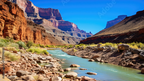 Scenic view of a river flowing through the majestic Grand Canyon suitable for travel and tourism industries