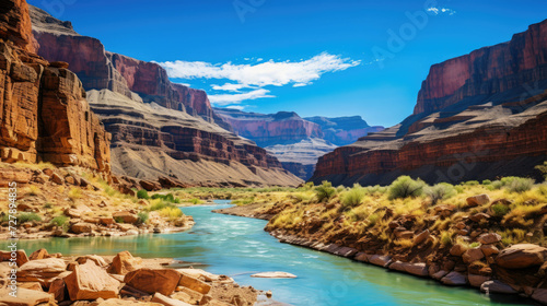 Scenic view of Grand Canyon with river and cliffs in sunny desert environment for tourism and adventure in Southwestern USA