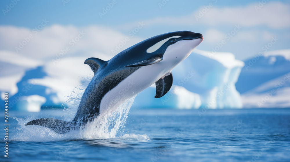Fototapeta premium Jumping orca in Arctic waters with icebergs illustrating wildlife marine beauty for travel and conservation themes