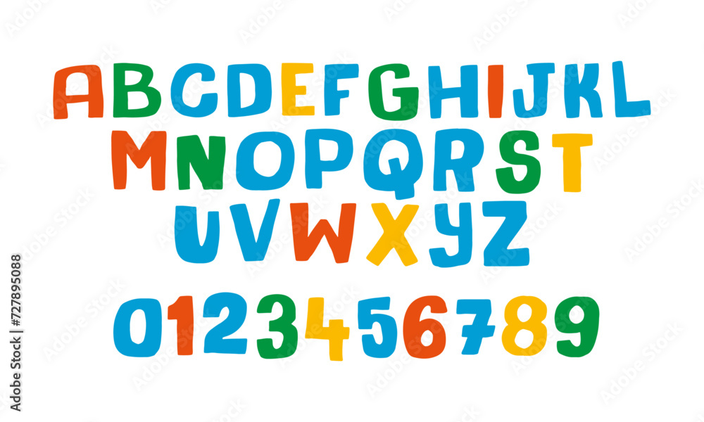 Conjunto de alfabeto vectorial colorido a mano alzada. Abecedario infantil. Tipografía alegre y amena.