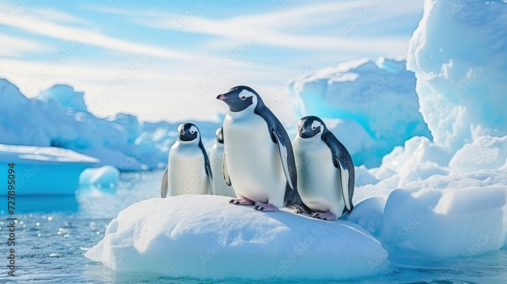 Penguins on an iceberg in a serene polar environment ideal for nature themes, wildlife conservation content, and travel industry