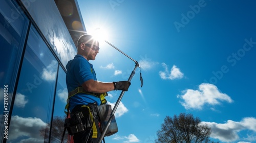 A male window cleaner cleans windows with a scraper and wiper on a sunny day against a bright blue sky