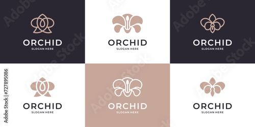 Orchid flower logo icon set. Minimalist beauty floral flourish logo collection