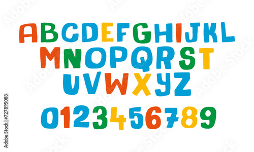 Conjunto de alfabeto vectorial colorido a mano alzada. Abecedario infantil. Tipografía alegre y amena.