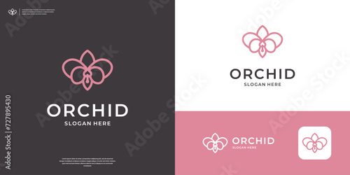Minimalist orchid flower logo design with line art style photo