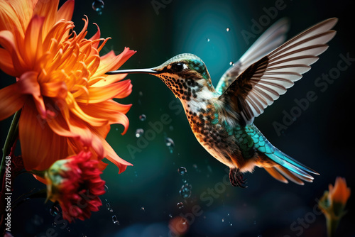 Hummingbird feeding on nectar from vibrant dahlia in a dynamic display of wildlife conservation and natural beauty