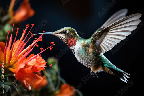 Hummingbird in Flight Feeding on Orange Flowers - Symbolizing Nature's Elegance and Agility for Wildlife and Birdwatching Enthusiasts