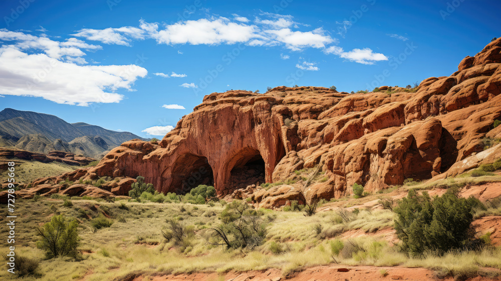 Sunny desert scene with a natural arch in the arid landscape of the Southwest USA ideal for travel and nature-related usages