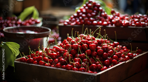 Harvest of red cherries on a market stall.