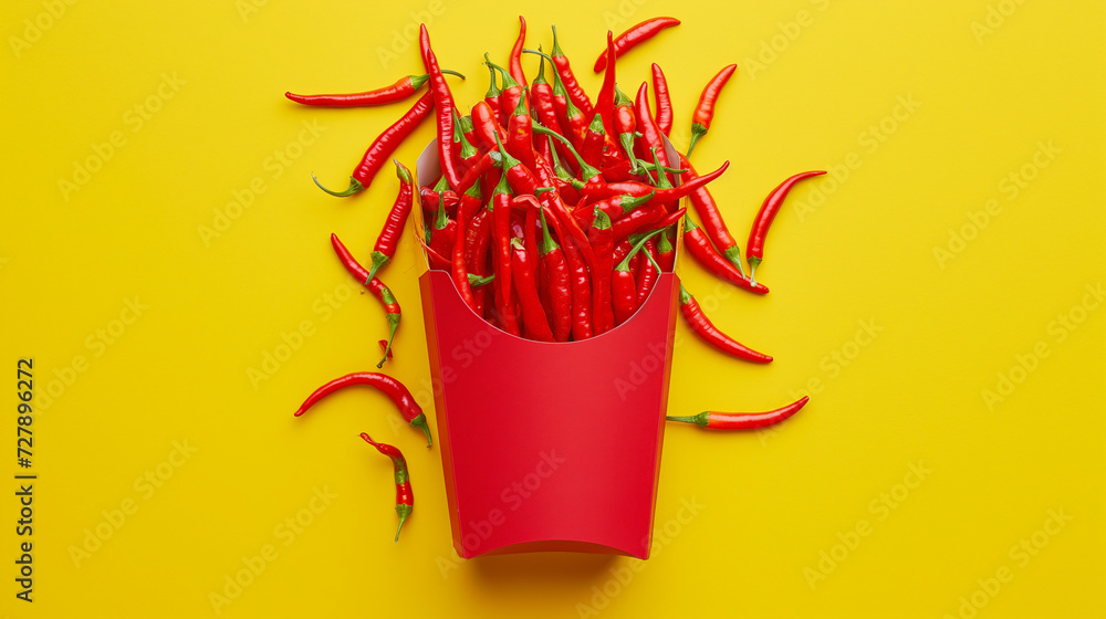 top view of red chili peppers packed in a french fries red paper box placed on a yellow background,  - obrazy, fototapety, plakaty 