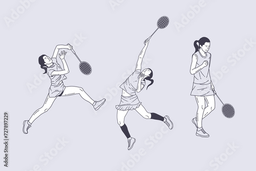 Set of outline illustrations of badminton players
