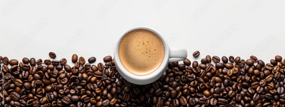 The aerial perspective captures a cup of coffee and scattered coffee beans against a rustic background, creating a delightful coffee-themed tableau. The aerial perspective captures a cup of coffee and scattered coffee beans against a rustic background, creating a delightful coffee-themed tableau.