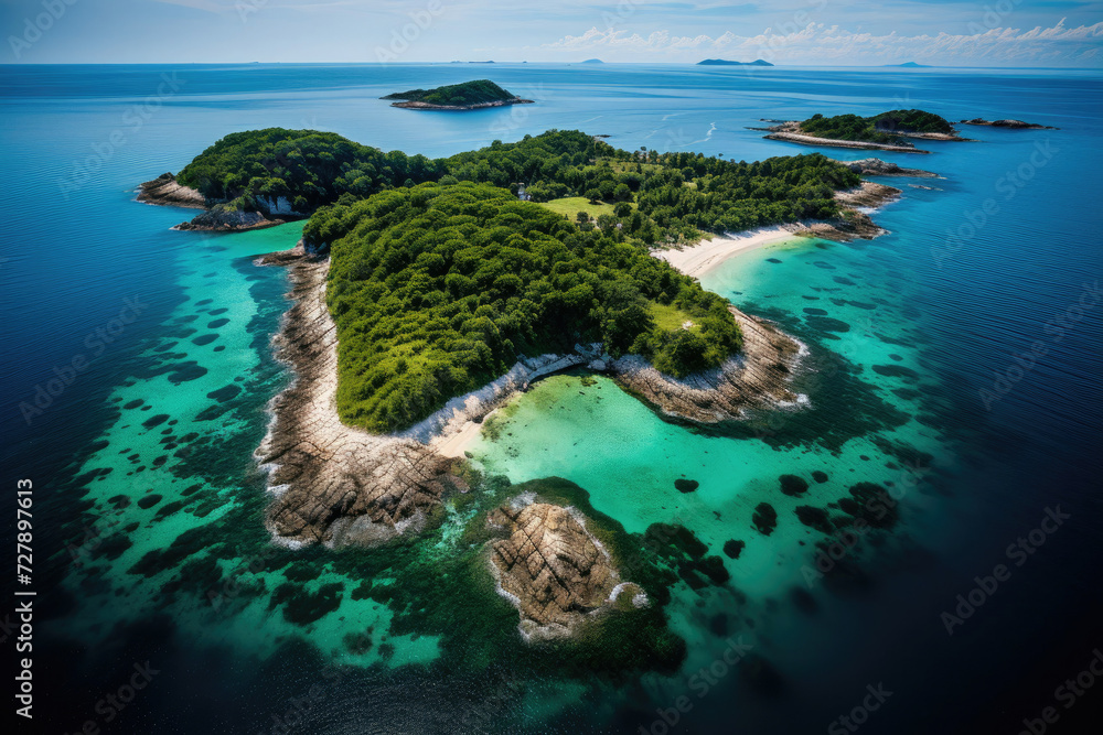 Aerial view of a tropical paradise island with azure waters beaches and lush greenery for a tranquil vacation