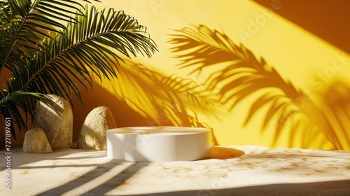Summer concept: empty white display stone with tropical Leaf and bright sunlight yellow wall background. 3D Modern Minimal showcase product presentation with shadow leaf © Trident
