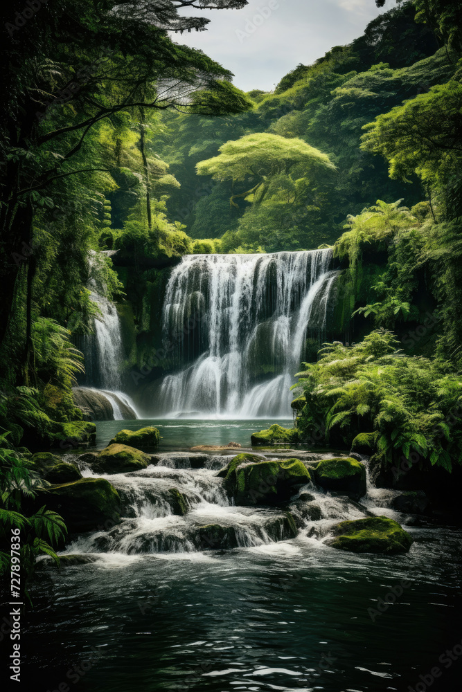 Serene Waterfall Nestled in Lush Greenery Ideal for Travel and Nature Exploration