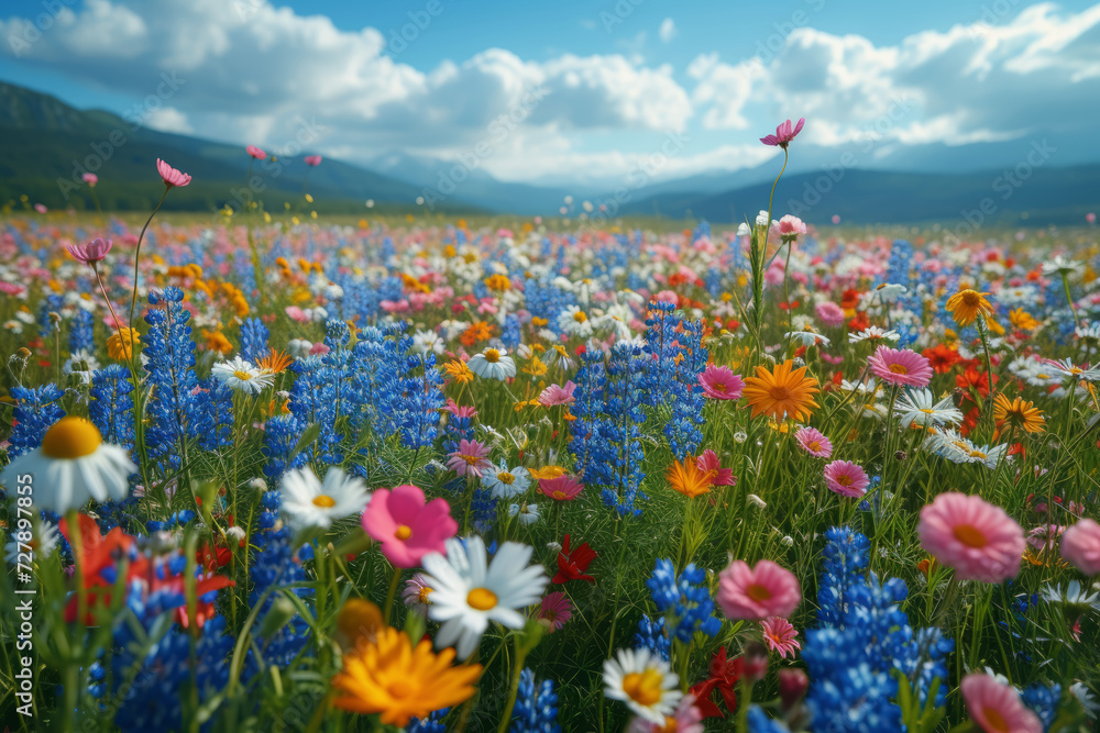 A field of wildflowers in full bloom, swaying in the breeze, radiating the charm and simplicity of untamed natural landscapes. Concept of floral abundance. Generative Ai.