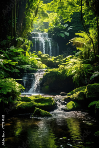 Serene waterfall in tropical forest ideal for eco-tourism and meditation surrounded by sunlight lush greenery and mossy rocks promoting relaxation and adventure in a tranquil unspoiled environment